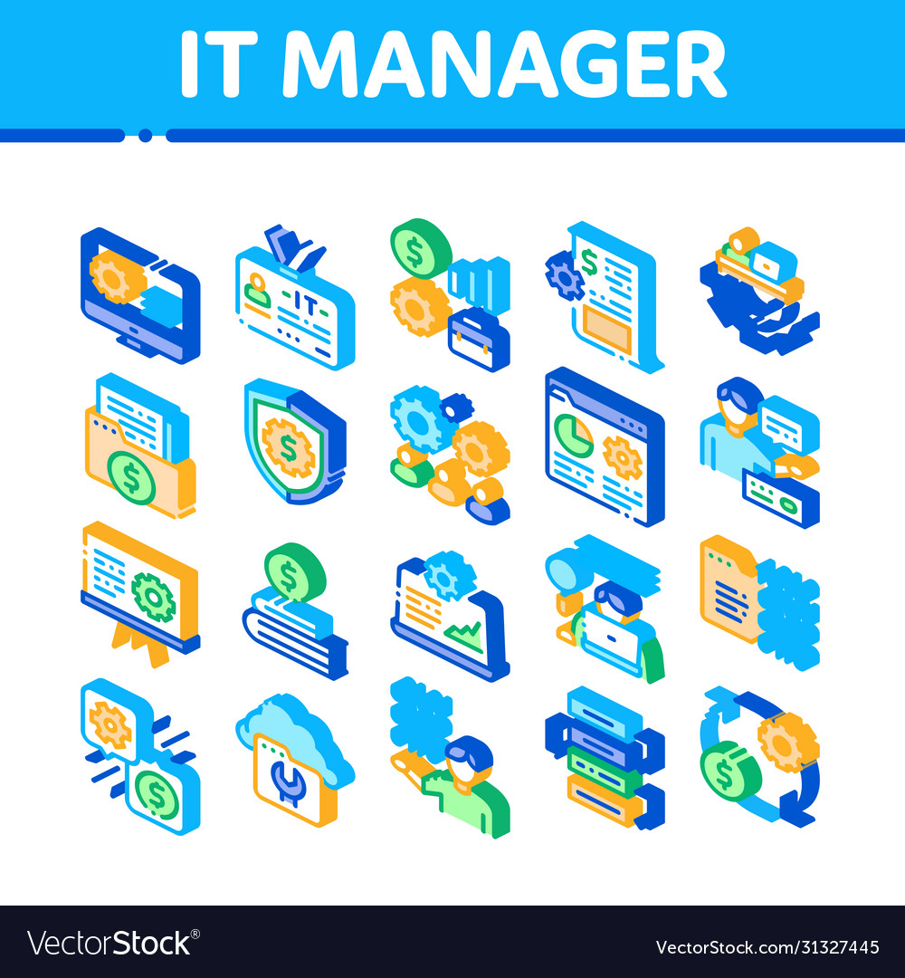 It manager developer isometric icons set vector image It manager developer isometric icons set