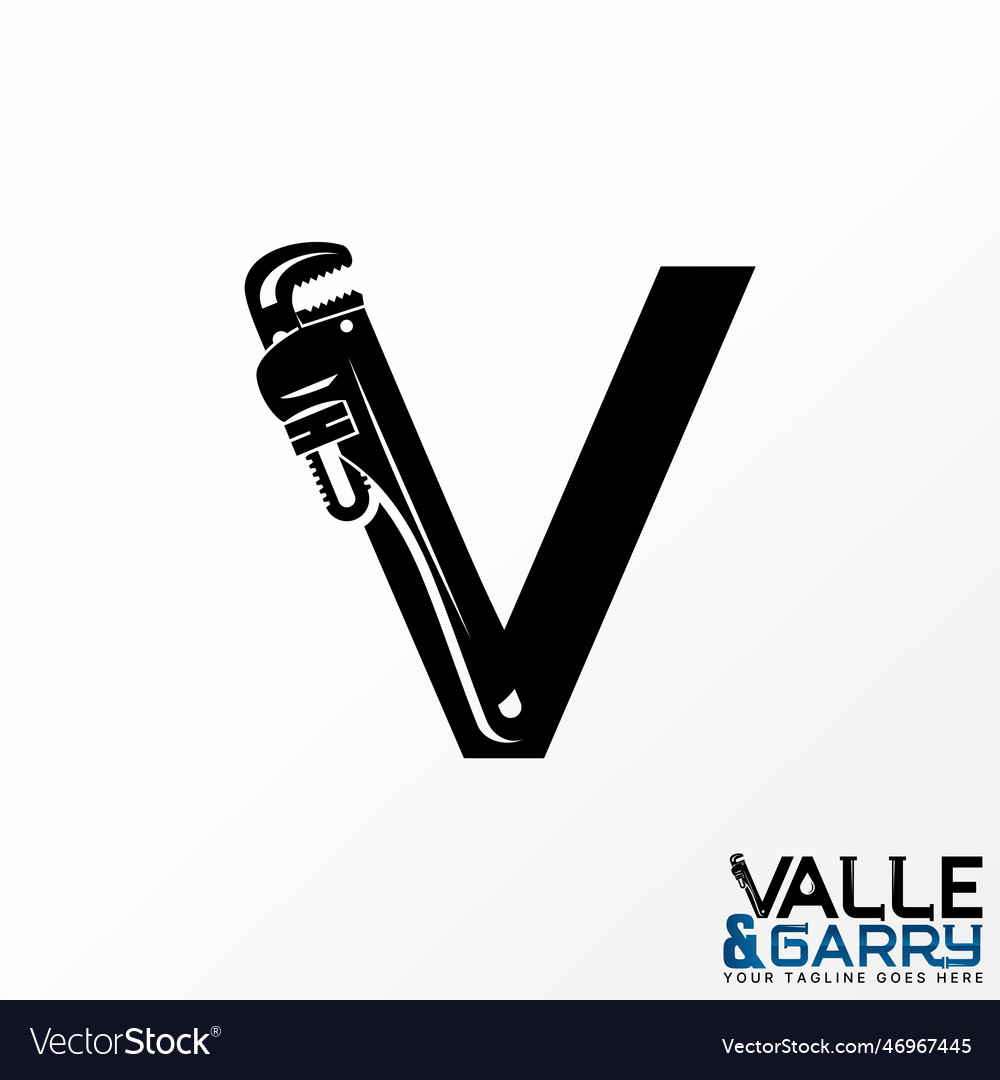Letter v font with plumbing pipe wrench lock water vector image Letter v font with plumbing pipe wrench lock water