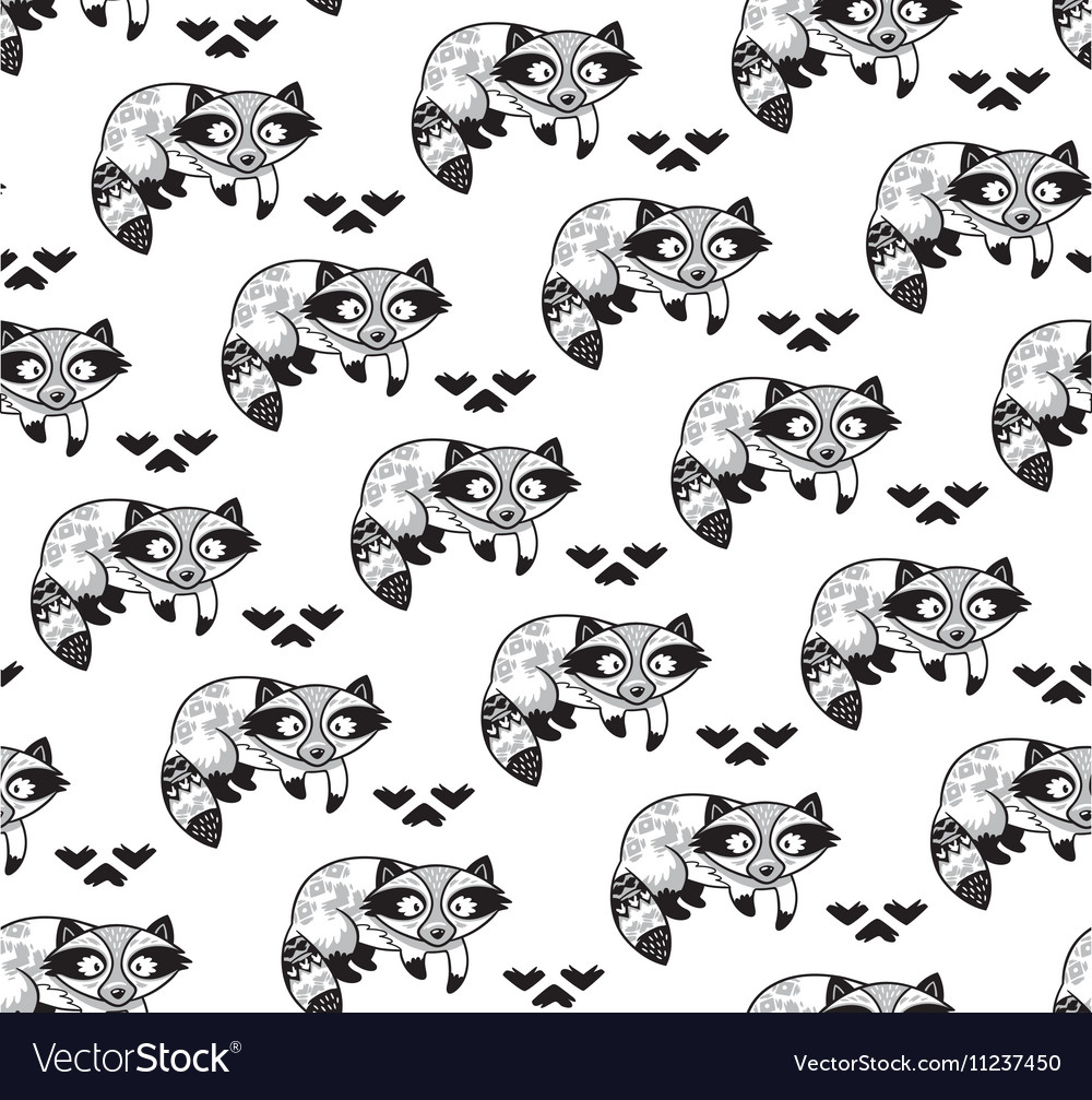 Black and white seamless pattern with raccoons