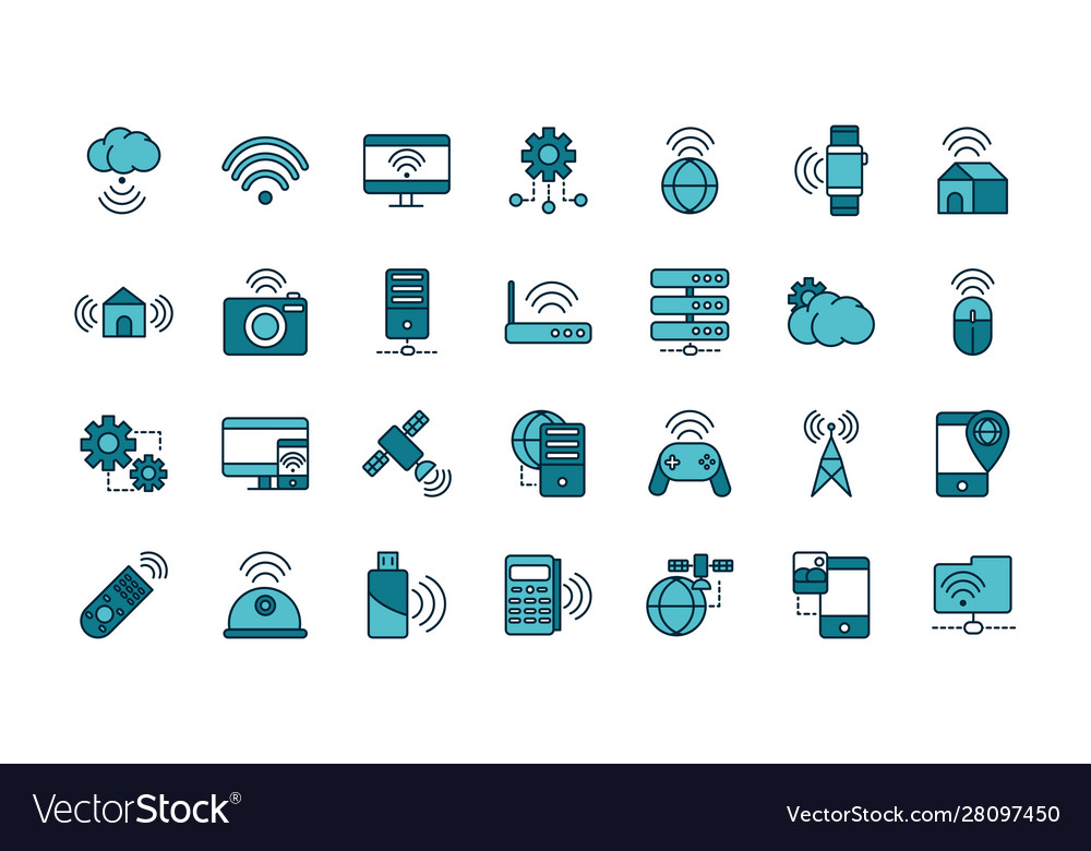 Internet things line and fill icons set