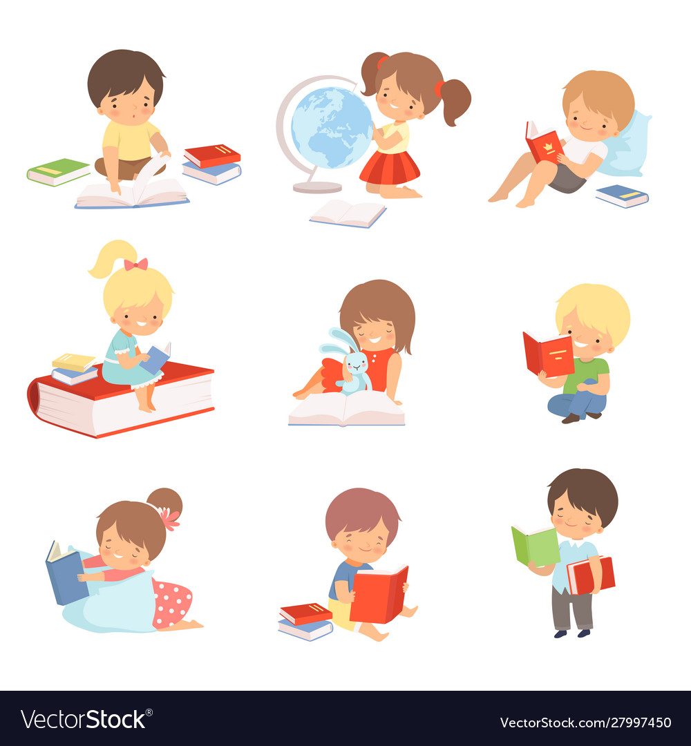 Kid characters learning to read Royalty Free Vector Image