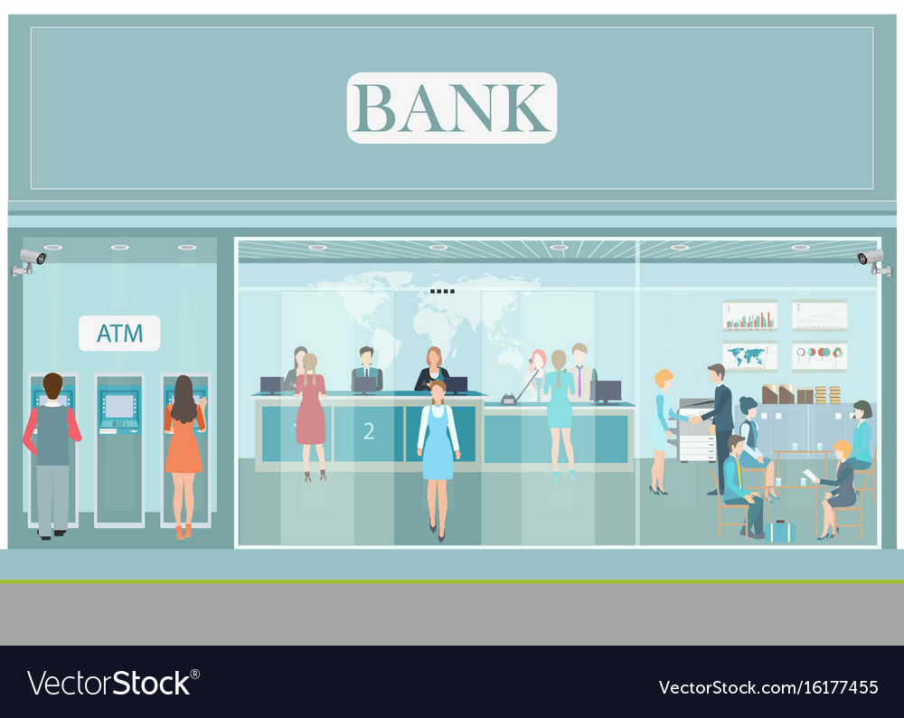 Bank building exterior and interior counter desk Vector Image