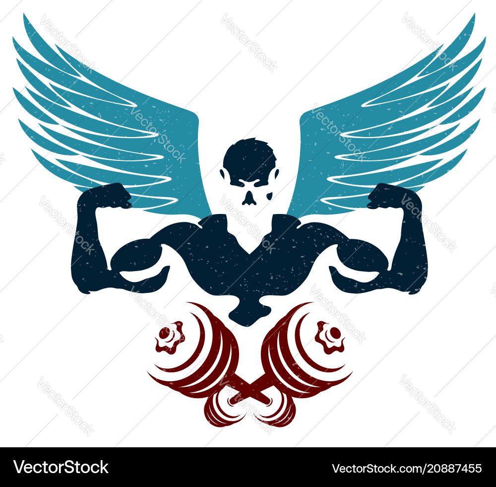 Bodybuilder with wings and dumbbells silhouette Vector Image