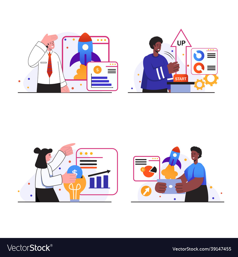 Business-Startup-Konzept Szenen Set vector image Business-Startup-Konzept Szenen Set