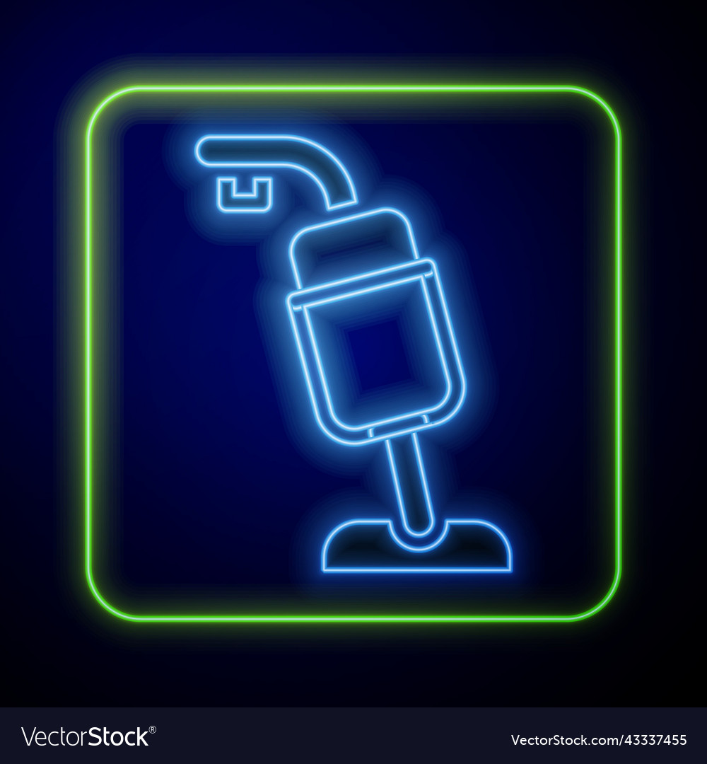 Glowing neon vacuum cleaner icon isolated on blue