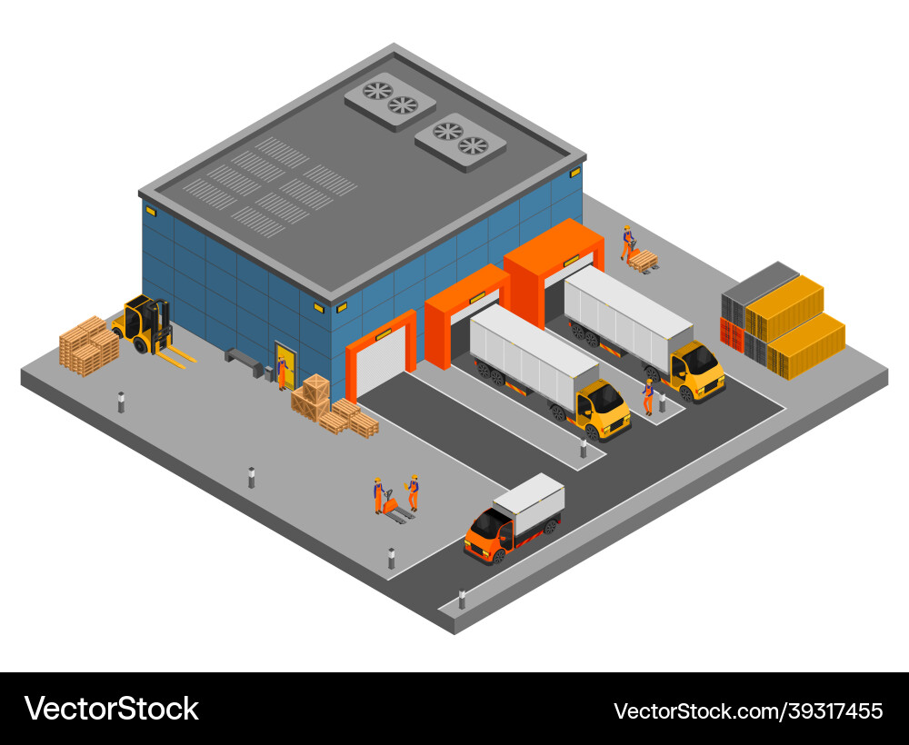 Isometric warehouse trucks composition Royalty Free Vector