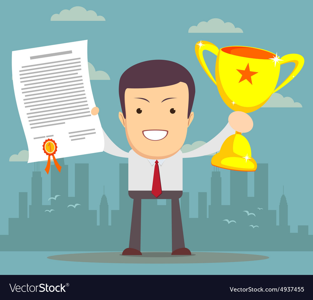 Man proudly standing holding up winning trophy