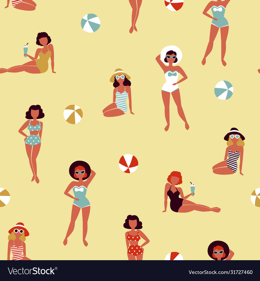 Beautiful girls on beach retro seamless pattern vector image Beautiful girls on beach retro seamless pattern