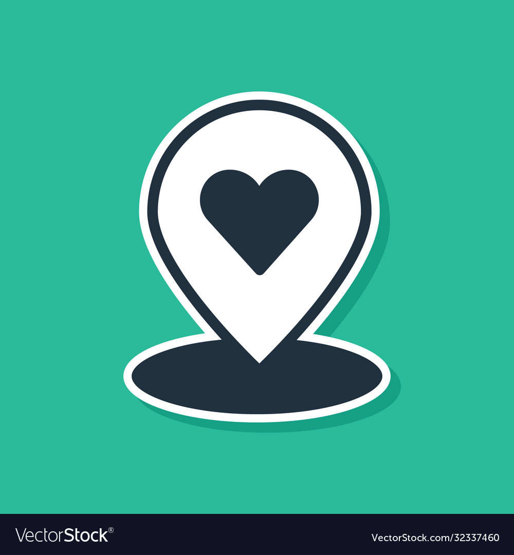 Blue map pointer with heart icon isolated on green vector image Blue map pointer with heart icon isolated on green
