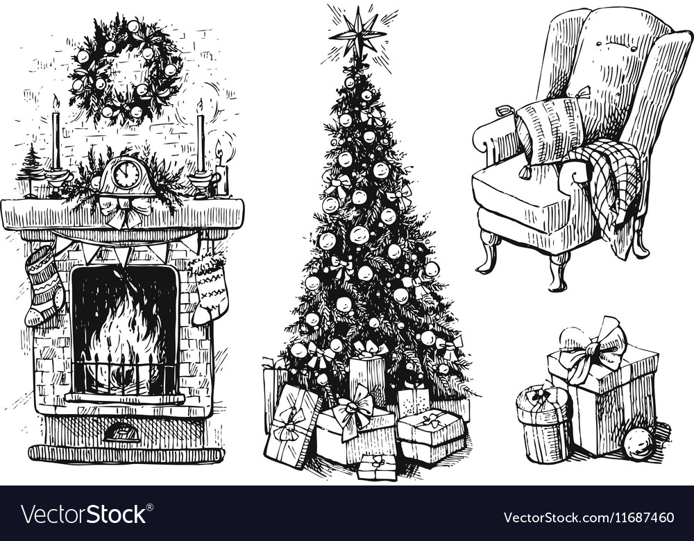 Christmas tree and fireplace Royalty Free Vector Image