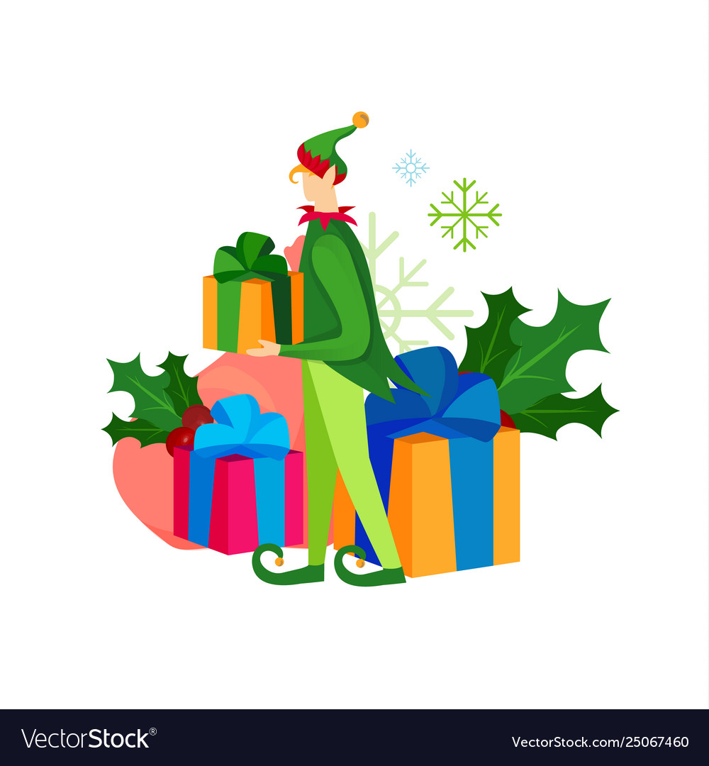 Cute playful christmas elf with heap presents