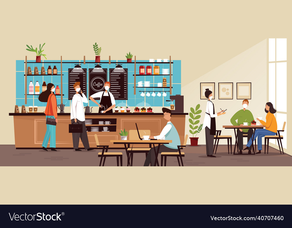 Modern Cafe In Quarantine Time Young People Vector Image