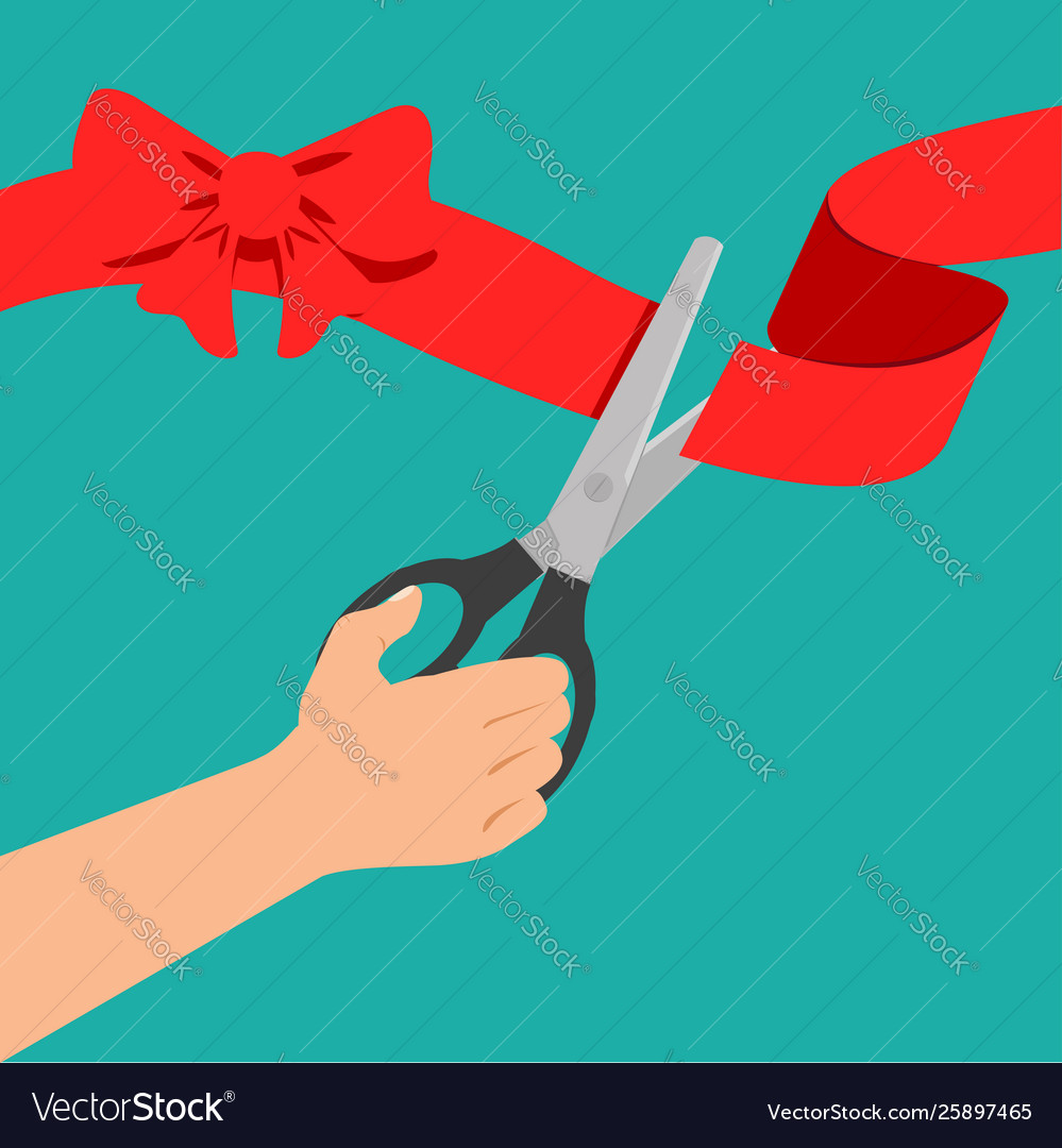 Hand red ribbon with black scissors