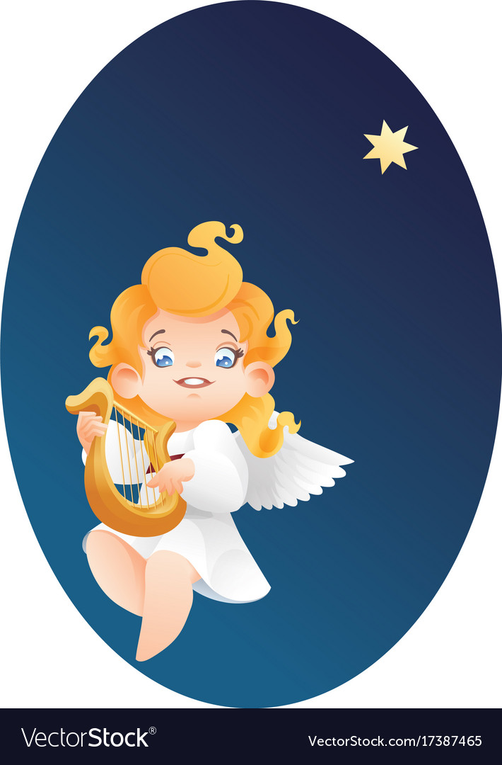 Kid angel musician harpist flying on a night sky