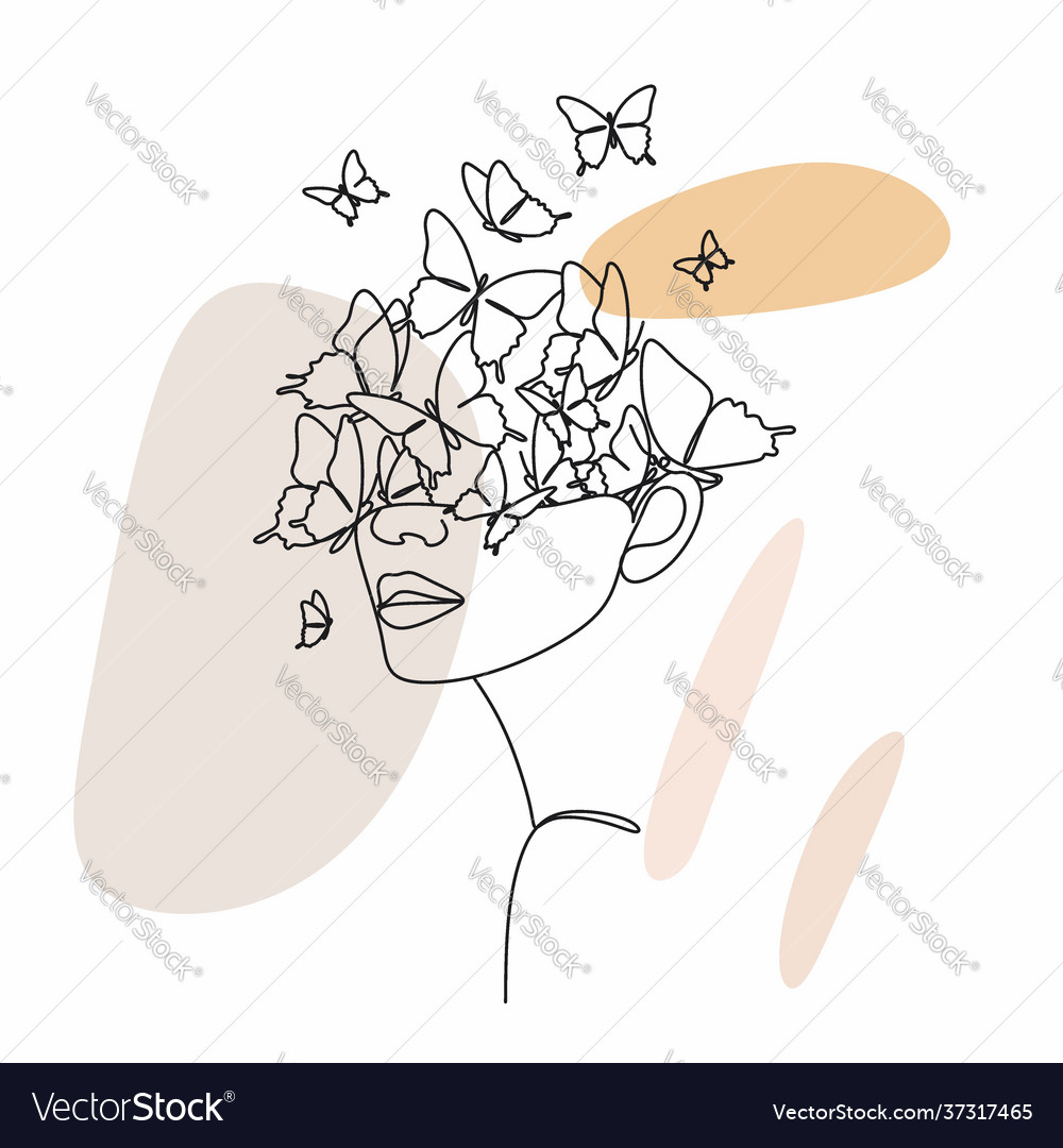 Line drawing abstract face with flowers