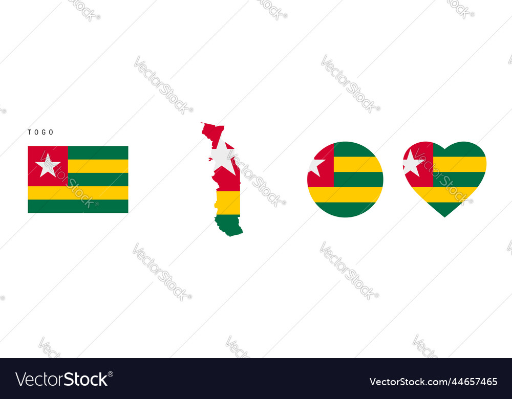 Togo flag in different shapes icon set flat vector image Togo flag in different shapes icon set flat