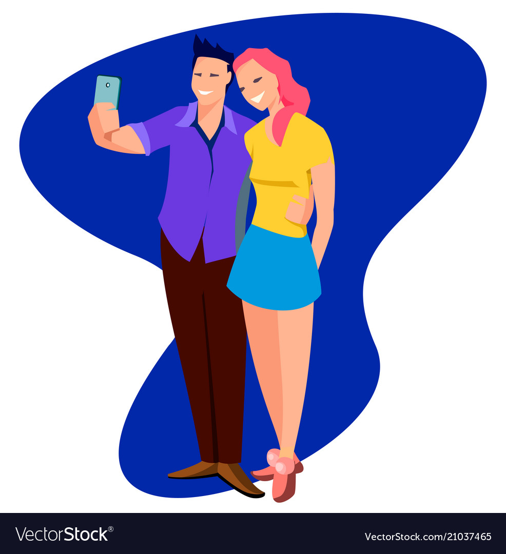 Young cute cheerful couple in love takes selfie Vector Image