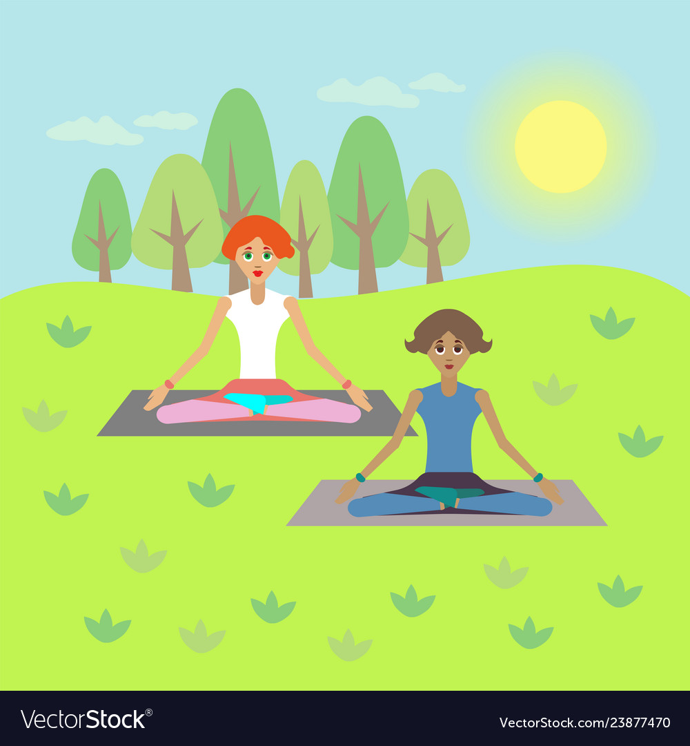 Girls practice yoga in nature Royalty Free Vector Image