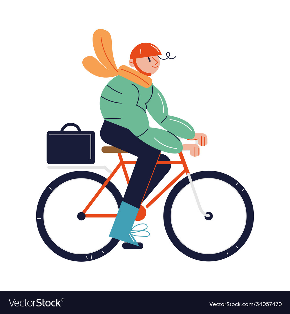 Man in warm clothes and helmet riding bicycle