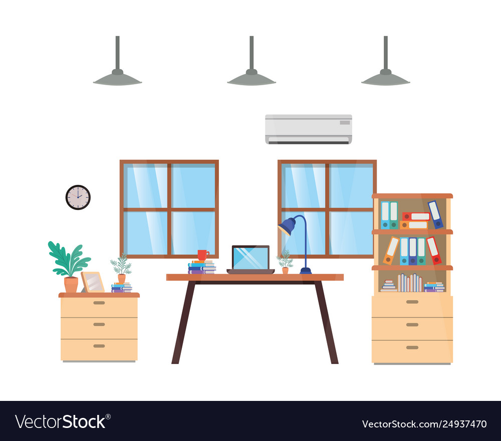 Office desk and shelving with books isolated icon Vector Image