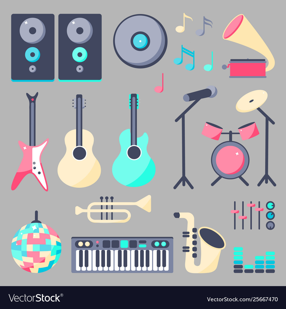 Set music instruments in flat style