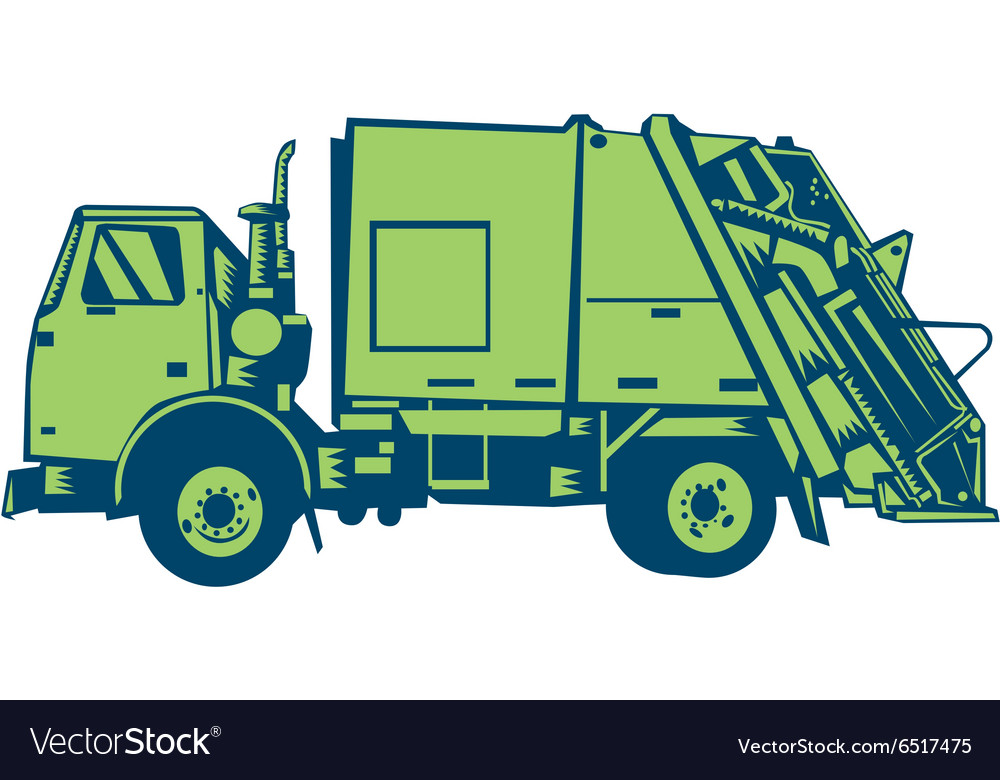 Garbage truck rear end loader side woodcut Vector Image