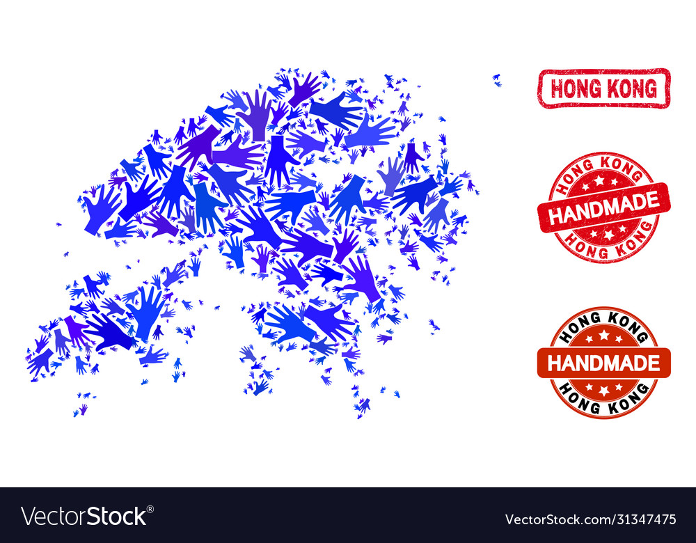 Hand composition hong kong map and textured vector image Hand composition hong kong map and textured