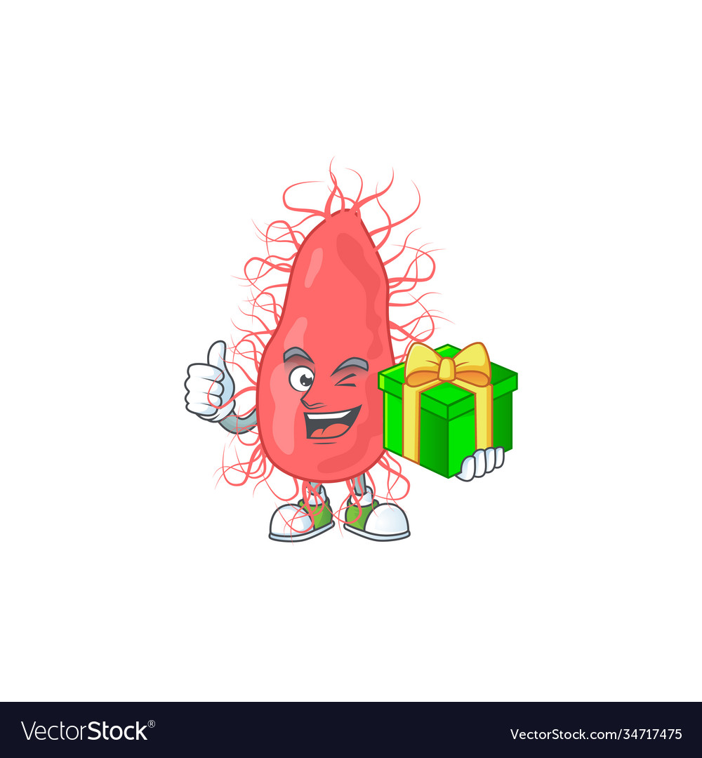 Smiley escherichia cartoon holding a gift box