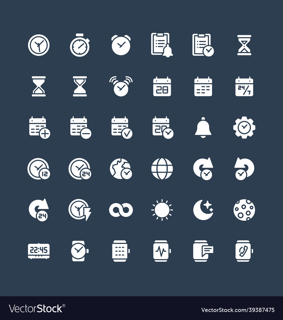 Solid icons set with date and time flat Royalty Free Vector