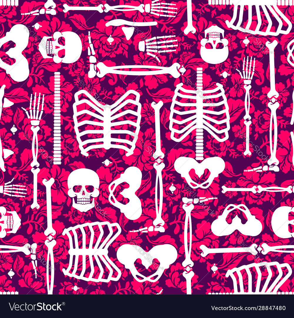 Bones and flowers pattern seamless skeleton skull