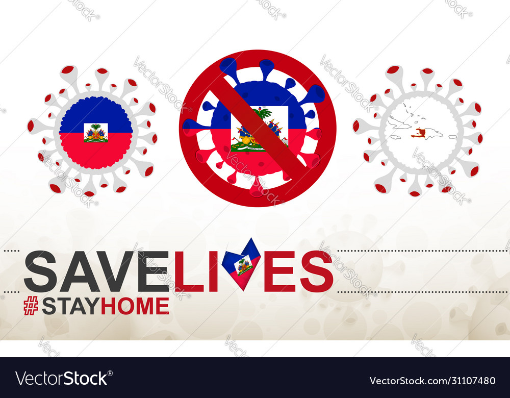 Coronavirus cell with haiti flag and map stop