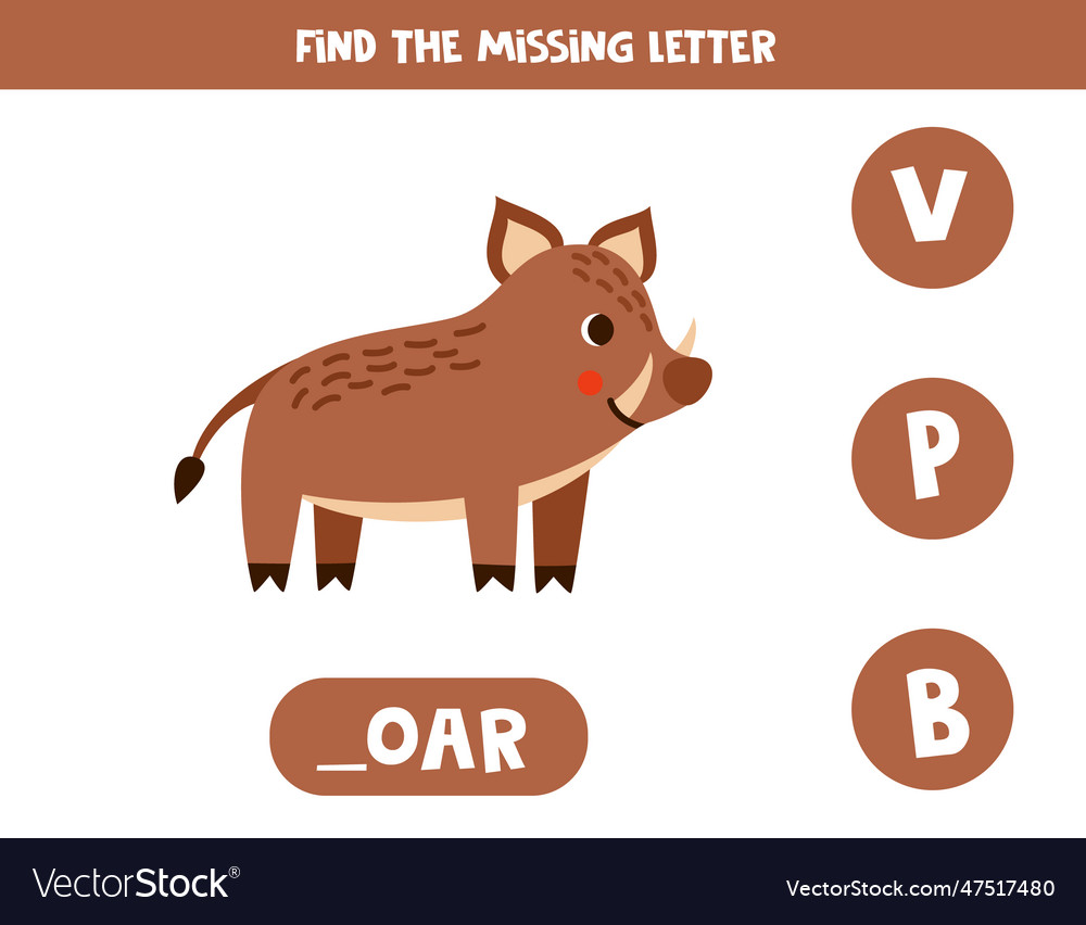 Find missing letter with cute cartoon boar