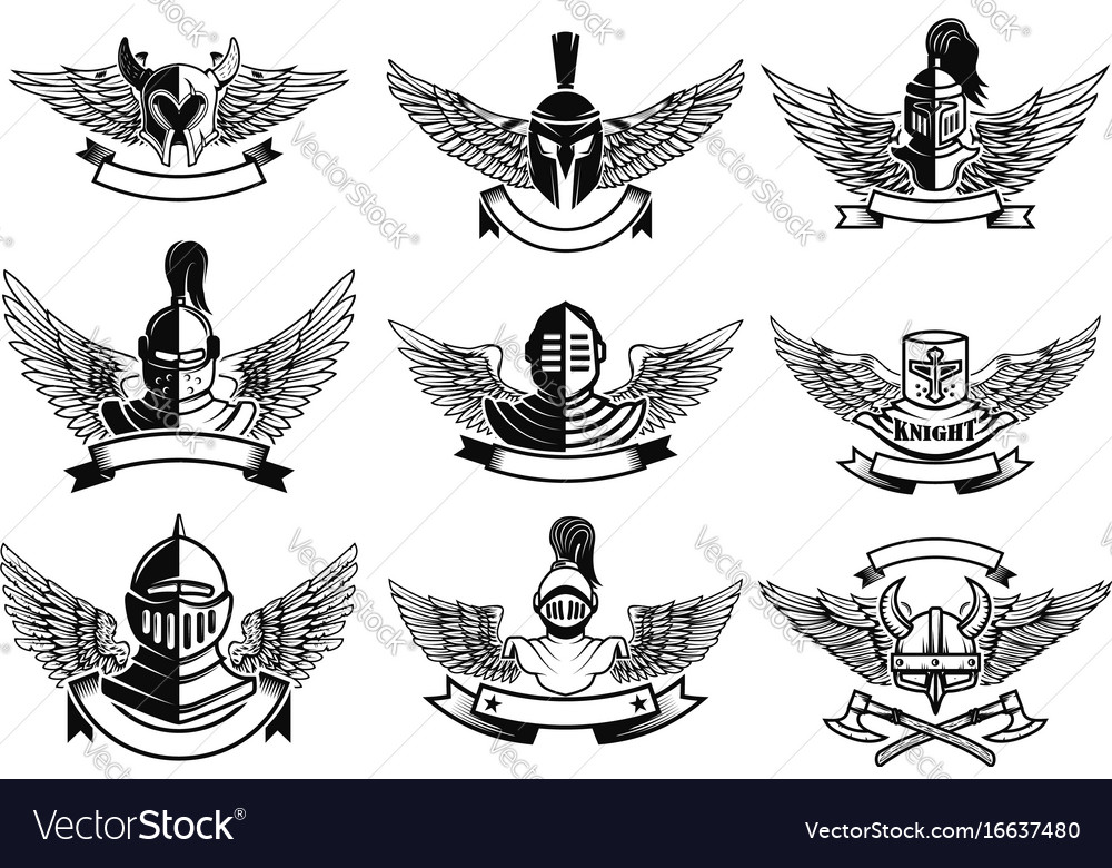 Set of emblems with helmets and wings design Vector Image