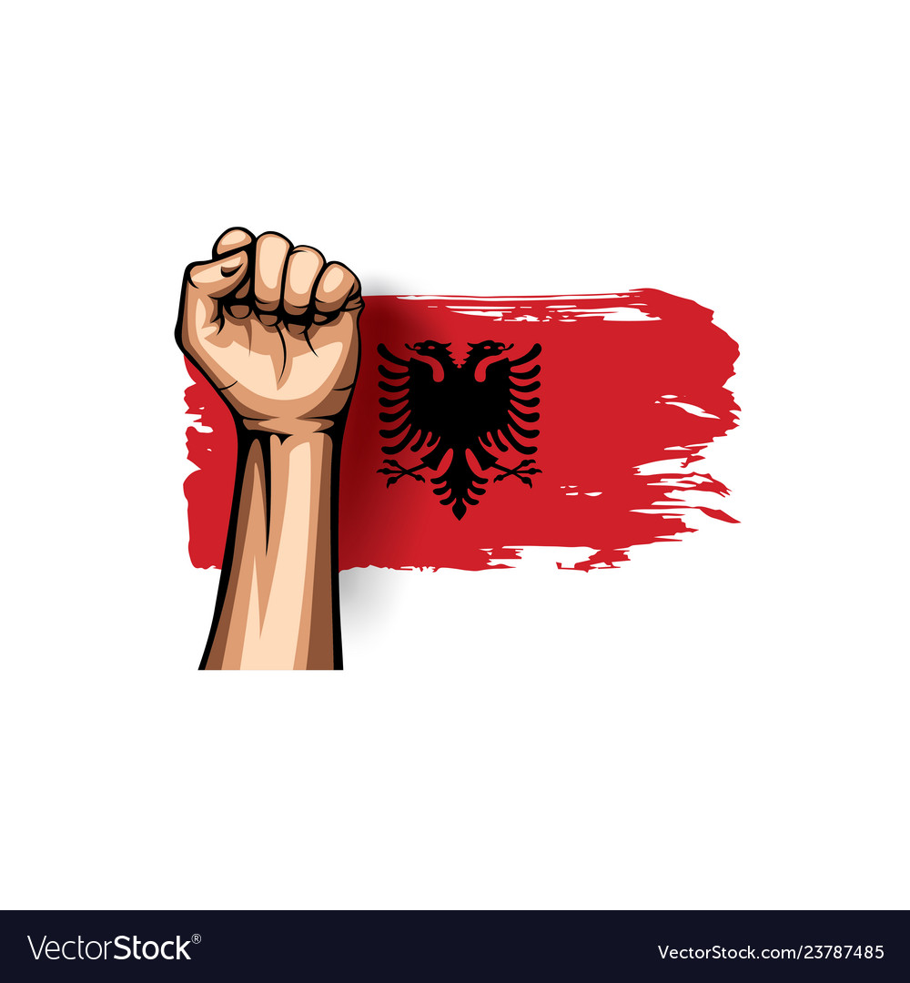 Albania flag and hand on white background