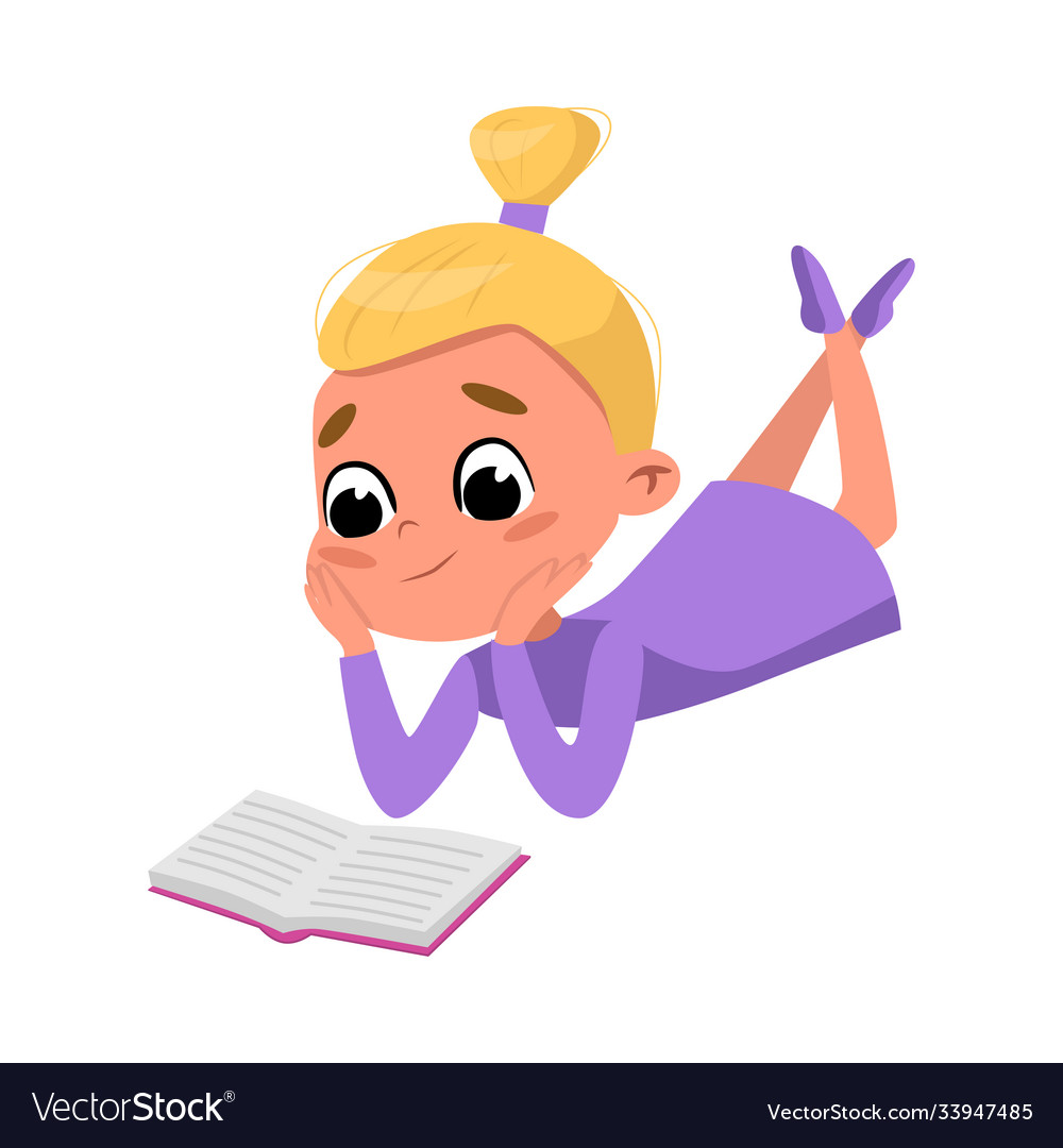 Cute Blonde Girl Reading Book While Lying On Her Vector Image