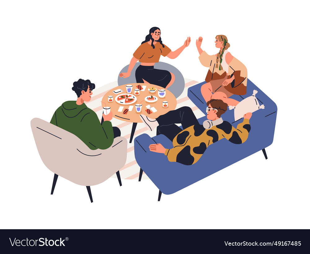 Friends Gather Together For Home Dinner Happy Vector Image