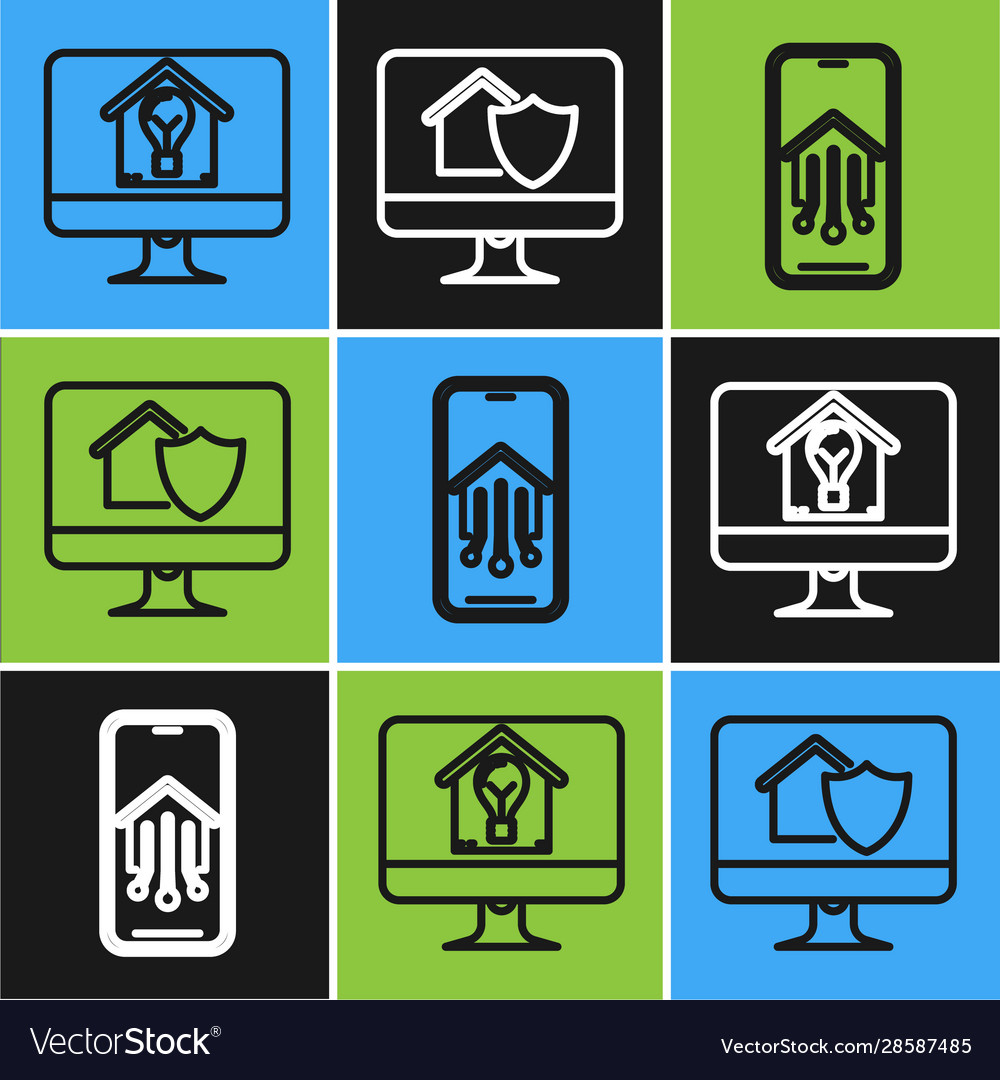 Set line computer monitor with smart house vector image Set line computer monitor with smart house