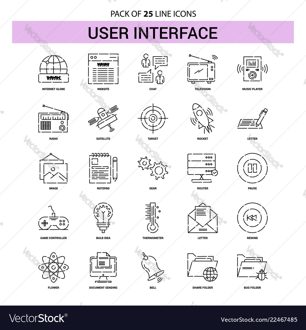 User interface line icon set - 25 dashed outline vector image User interface line icon set - 25 dashed outline