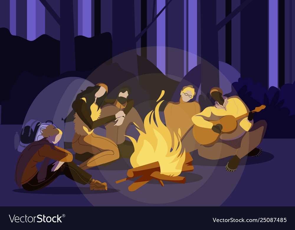 Young people sitting around campfire at night time vector image Young people sitting around campfire at night time