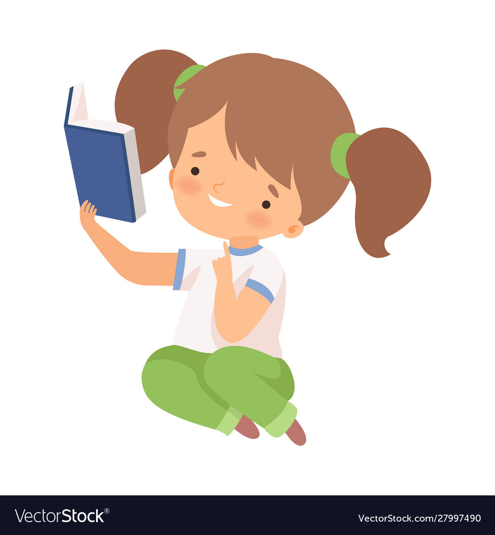 Little Girl Sitting On Floor And Learning To Read Vector Image