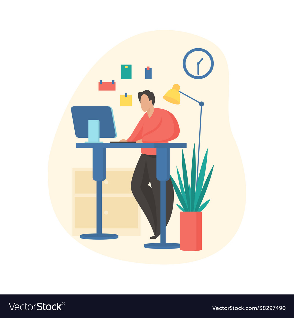 Man works at computer standing distribution load vector image Man works at computer standing distribution load