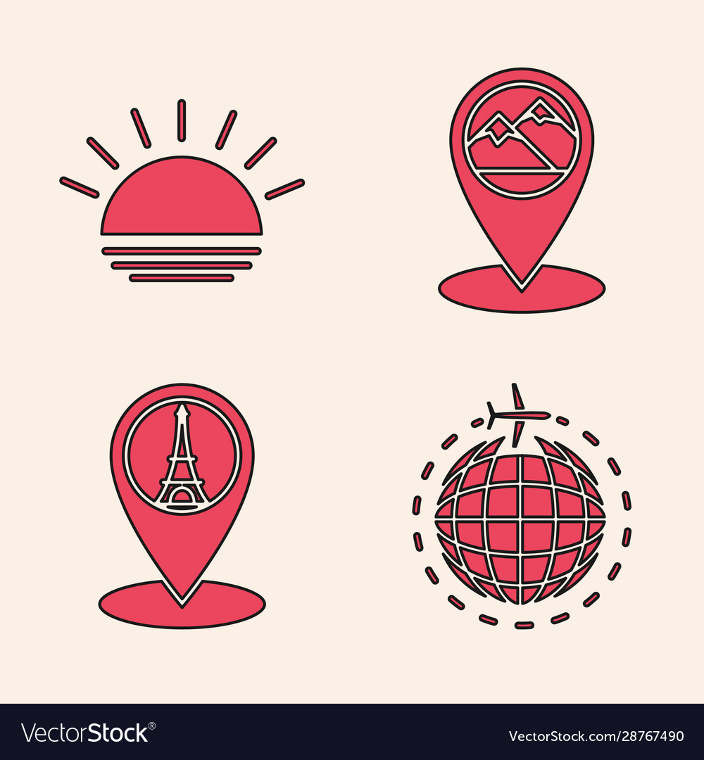 Set globe with flying plane sunset map pointer vector image Set globe with flying plane sunset map pointer