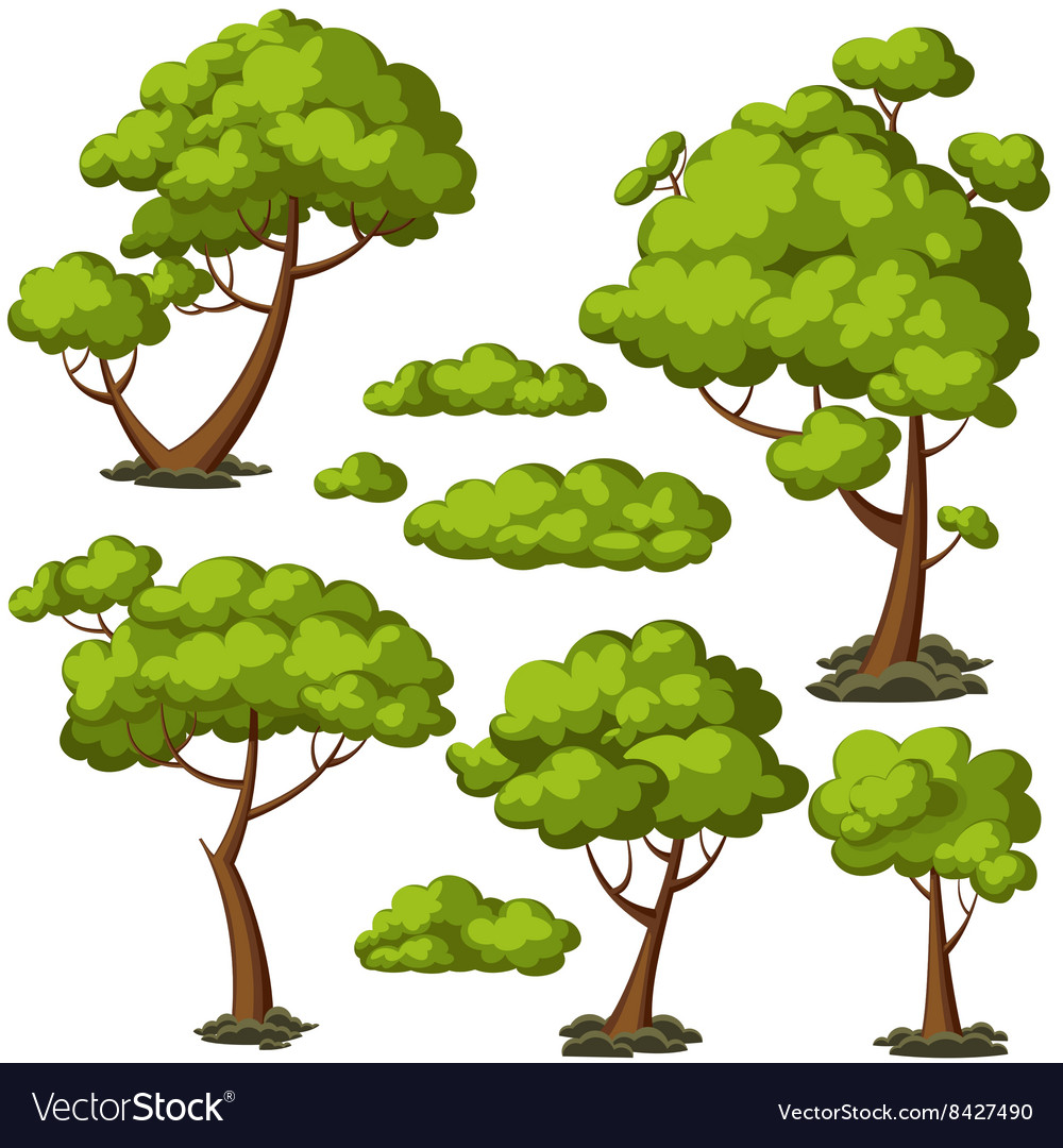 Set of funny cartoon trees and green bushes Vector Image
