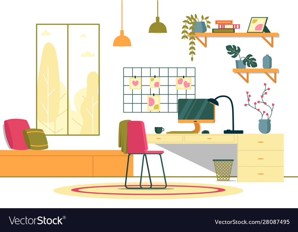 Banner home office interior with panoramic window Vector Image