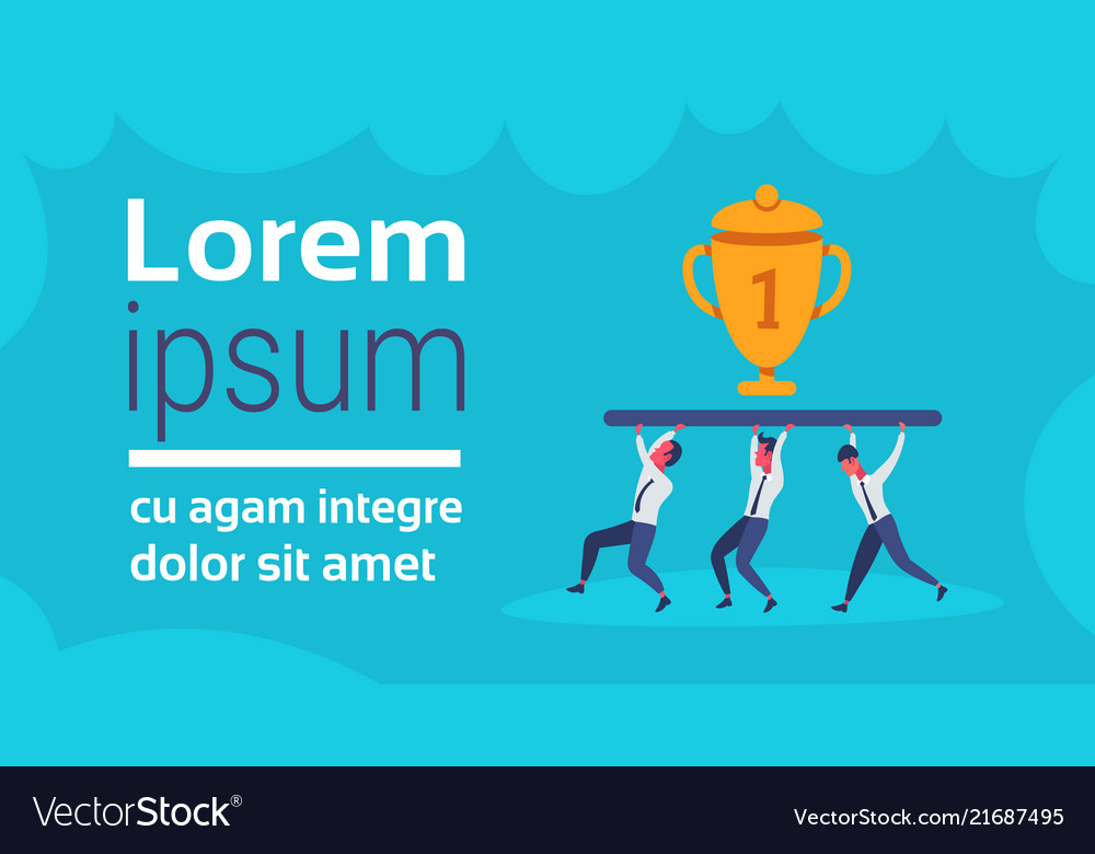 Business people team carry golden trophy cup first