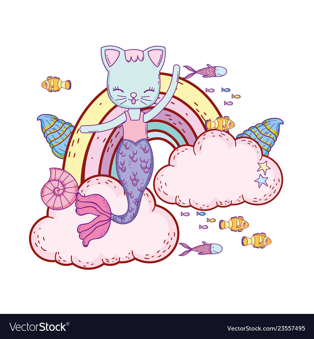 Purrmaid with clouds and rainbow undersea