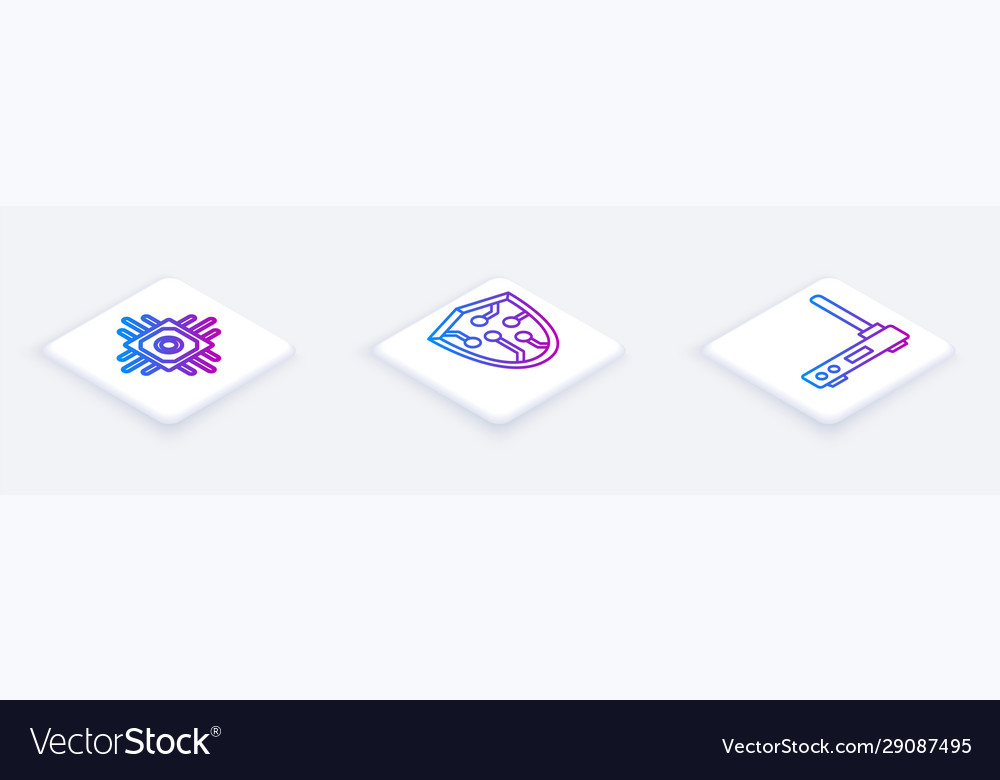 Set isometric line processor cyber security vector image Set isometric line processor cyber security