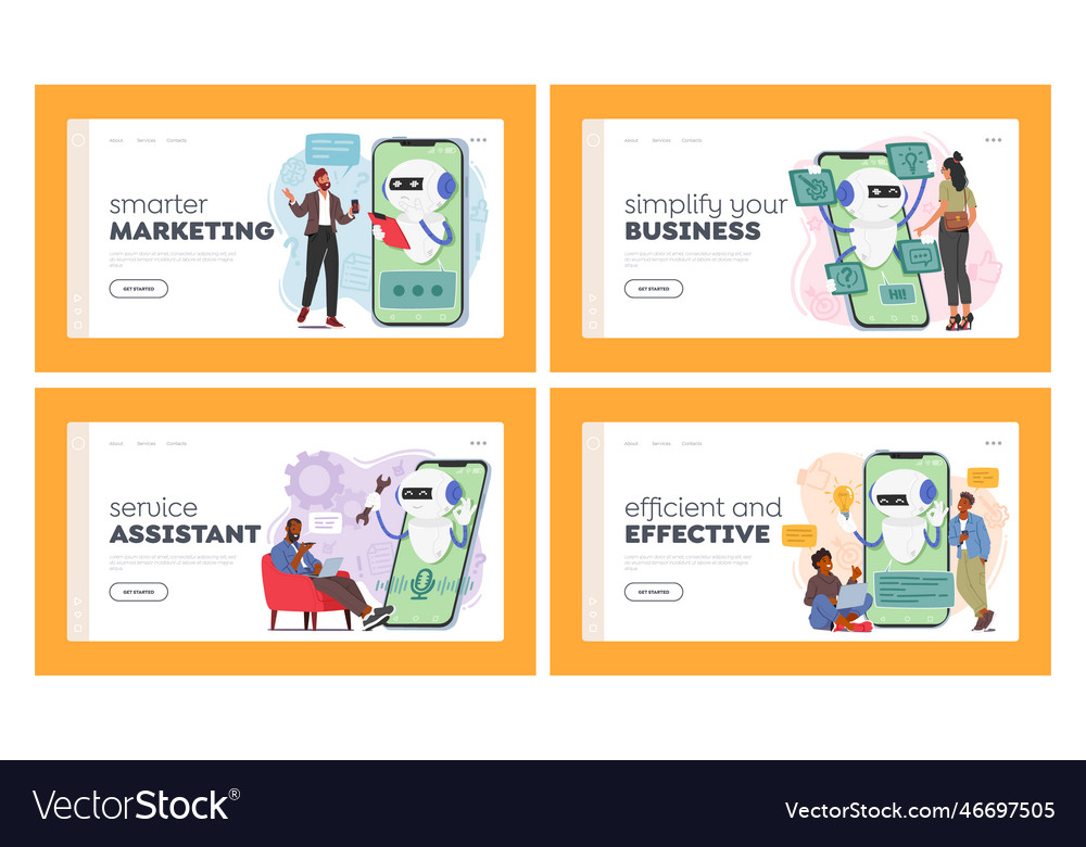 Characters use chatbot landing page template set vector image Characters use chatbot landing page template set