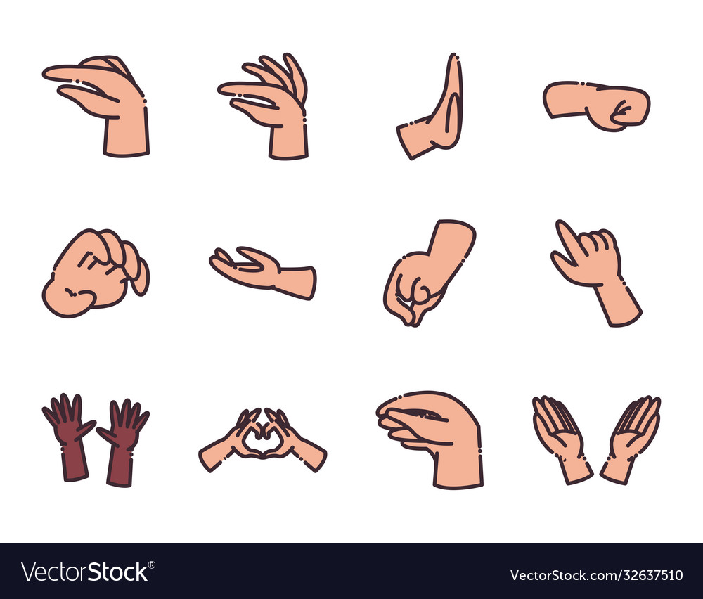 Gestures with hands line and fill style icon set