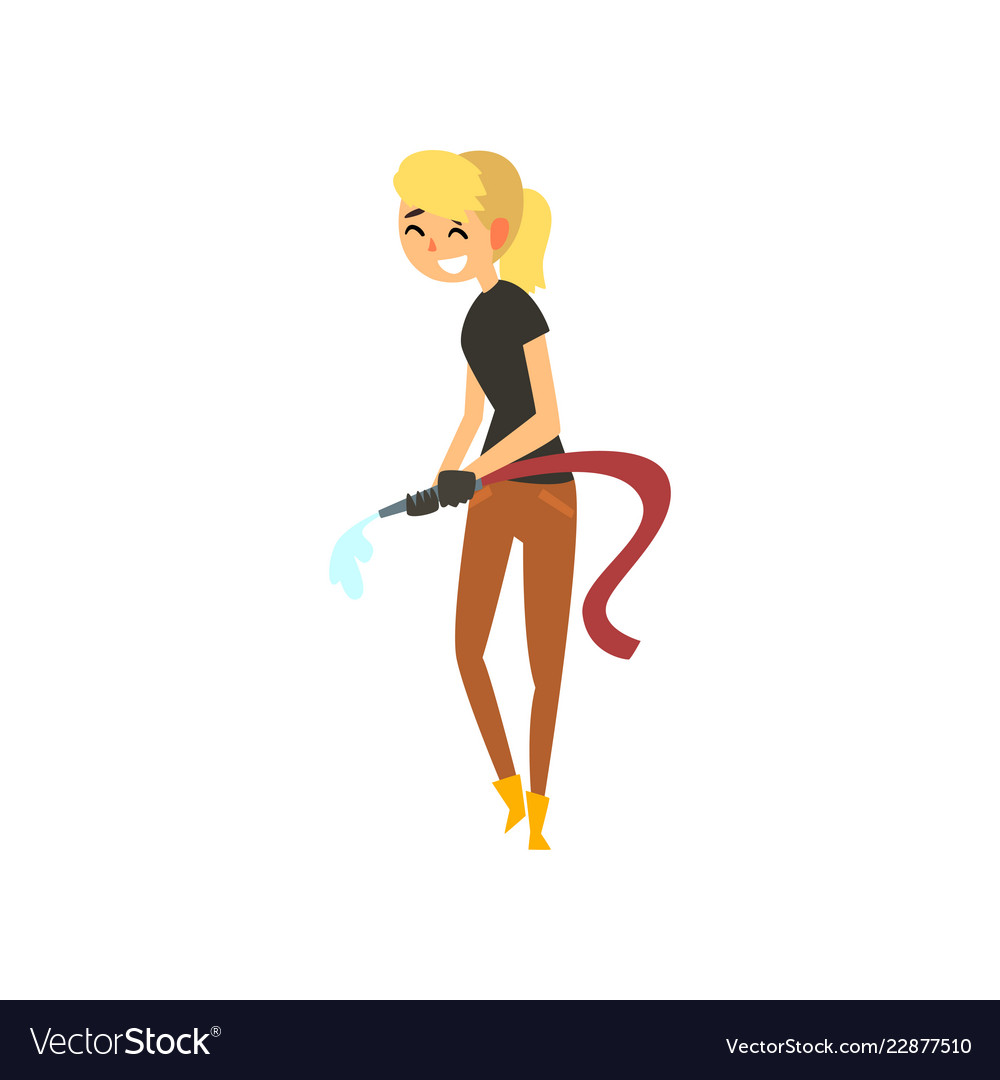 Happy female farmer character watering using